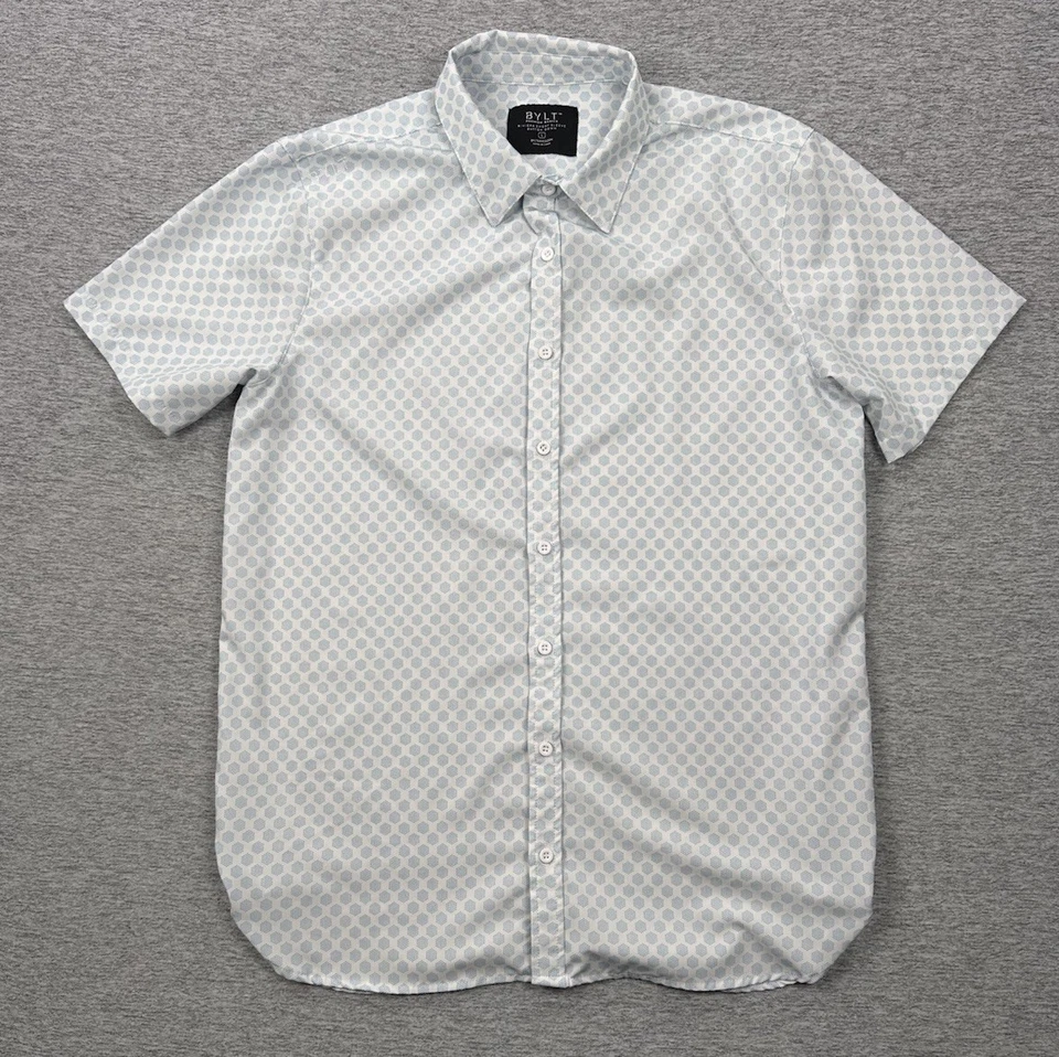 Bylt Shirt Mens Large Blue White Geometric Riviera Short Sleeve Button Up - Image 2 of 4