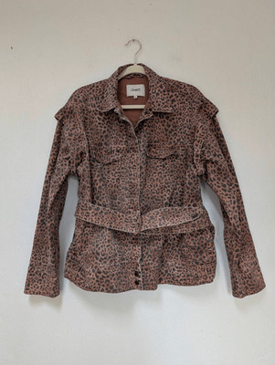 Chevignon Womens Cheetah Print Removable Sleeve Belted Denim Jacket Brown XL