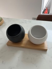 Dunelm duo black and white salt and pepper pinch pots with bamboo tray