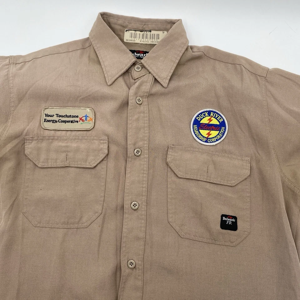 Camisa de trabajo Bulwark FR para hombre grande bronceada resistente al fuego manga corta abotonada Foto 3 de 4