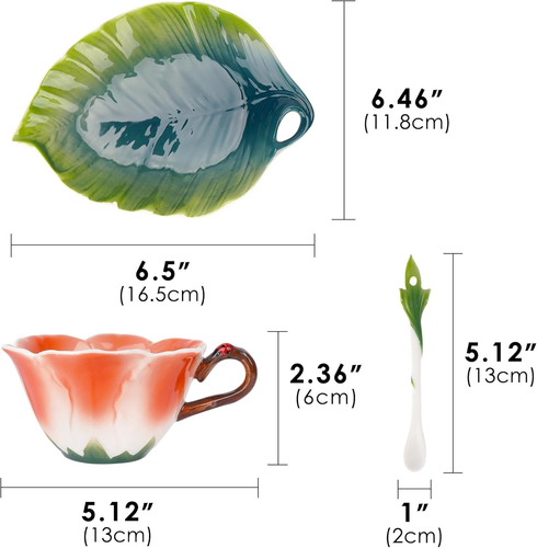 Lily Flower Tea Cup and Saucer Set 6 Oz, Enamel Flower Porcelain Coffee Cup Sauc - Picture 6 of 8