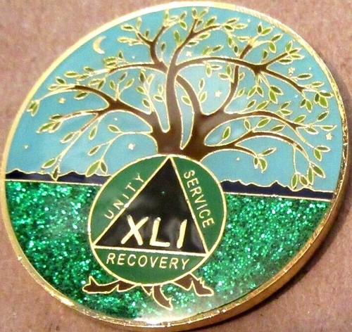 Tree - Blue green SPARKLE Alcoholics Anonymous 41 year AA Medallion Coin Token - Picture 8 of 9