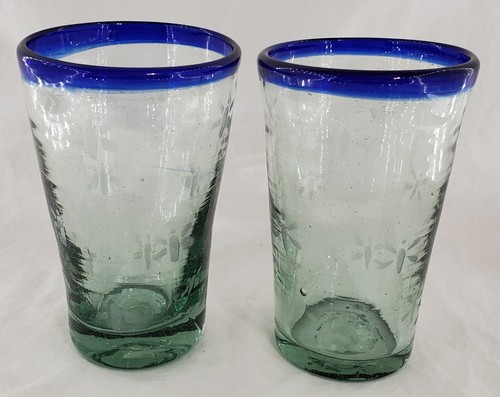 Mundgeblasener mexikanischer Glas Krug geätzt Schmetterling blauer Rand 6 Trinkgläser - Bild 18 von 24
