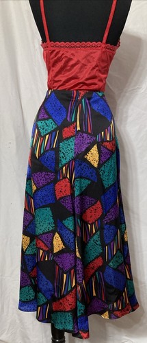 Vintage 80s Black & Bright Stained Glass Liquid Satin Panel Midi Maxi Skirt Sz 8 - Picture 6 of 17