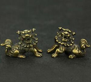 Lucky Chinese Fengshui Pure Brass Guardian Foo Fu Dog Lion Statue Pair