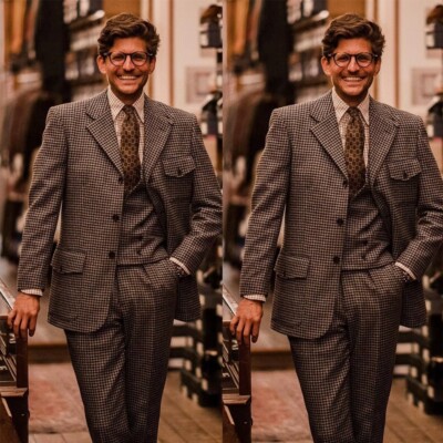 Houndstooth Men's Suits Safari Jacket Wool Winter Formal Business