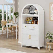 White Kitchen Pantry Cabinet with Drawer, Arched Door & Adjustable Shelf
