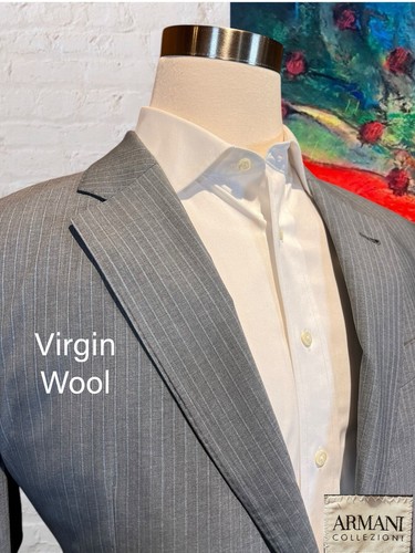 Armani Collezioni Suit 40R 34x28 Slim Gray Blue Stripe Lightweight Virgin Wool - Picture 5 of 16