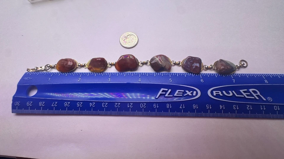 "Pulsera vintage oro marrón tonos rojos y grises piedras pulidas 7,5""" Foto 3 de 4