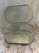 Vintage Etched Beveled Frosted Glass Gold Gilt Vanity Jewelry Trinket Box
