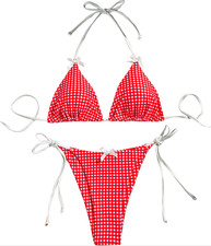 Women's Triangle Halter High Cut Thong 2 Piece Bikini Set Red Gingham Small