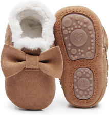 Baby Moccasins with Fur Fleece Rubber Soles Warm Snow Boots Leather Baby Shoes f