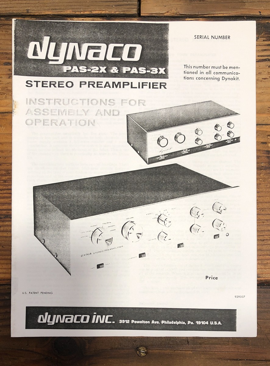 Dynaco PAS-2X PAS-3X Preamp / Preamplifier Owners / User Manual *Copy*