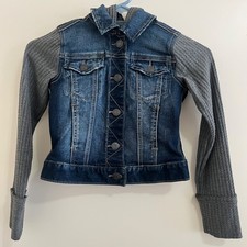Mudd Girls Hooded Denim Jacket Size 7 Y2K Layered Trucker Thermal Sleeve Casual