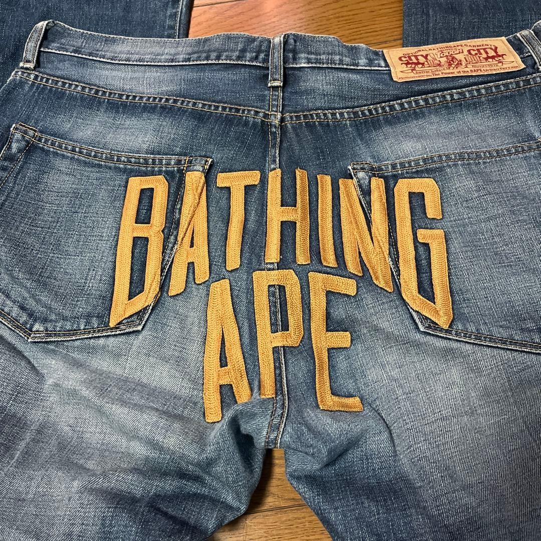 A Bathing Ape Flared Logo Denim Pants Jeans Blue Size L Waist 92cm