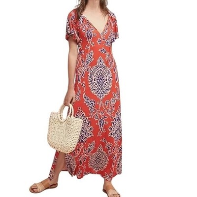 Akemi + Kin Anthropologie Orange Paisley Jersey Midi Dress S Boho Easy  Summer | eBay
