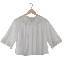 Vintage 60s ShadowLine White Nylon Lace Trim Bed Jacket Rose S Cottagecore Fairy