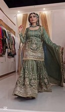 New Arrival Chinnon Silk Sage Green Top Sharara With Dupatta For Bollywood Party