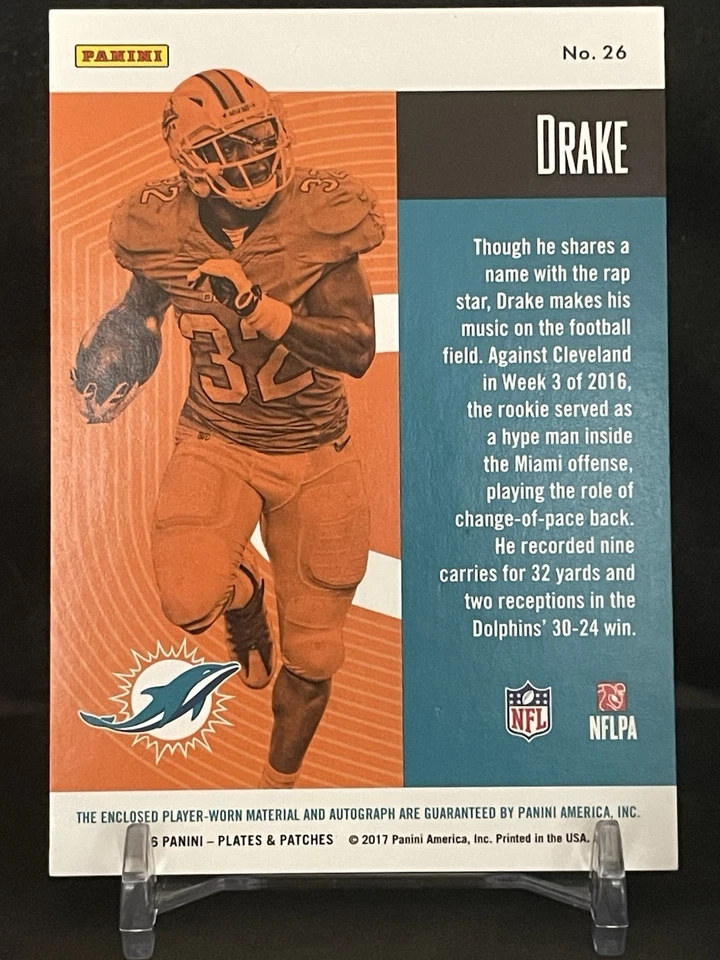 2016 Panini Plates & Patches Rookie Patch Autographs Kenyan Drake #26 Green /25 - Image 3 of 3