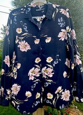 Cotton On Size Medium Long Sleeve Floral Dark Blue Button Up Blouse