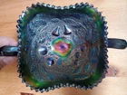 2) TWO Carnival Glass Fruit & Flowers Bon Bons STIPPLED BLUE and  Marigold