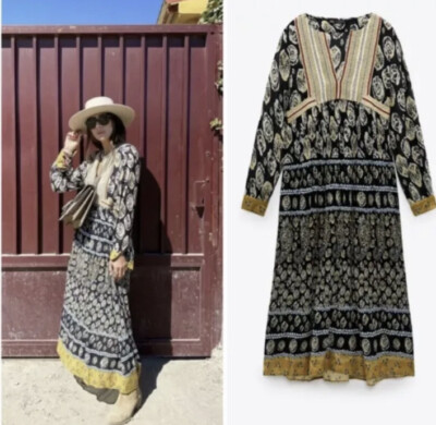 ZARA TUNIC DRESS WITH CHEST EMBROIDERY BLACK SIZE XS