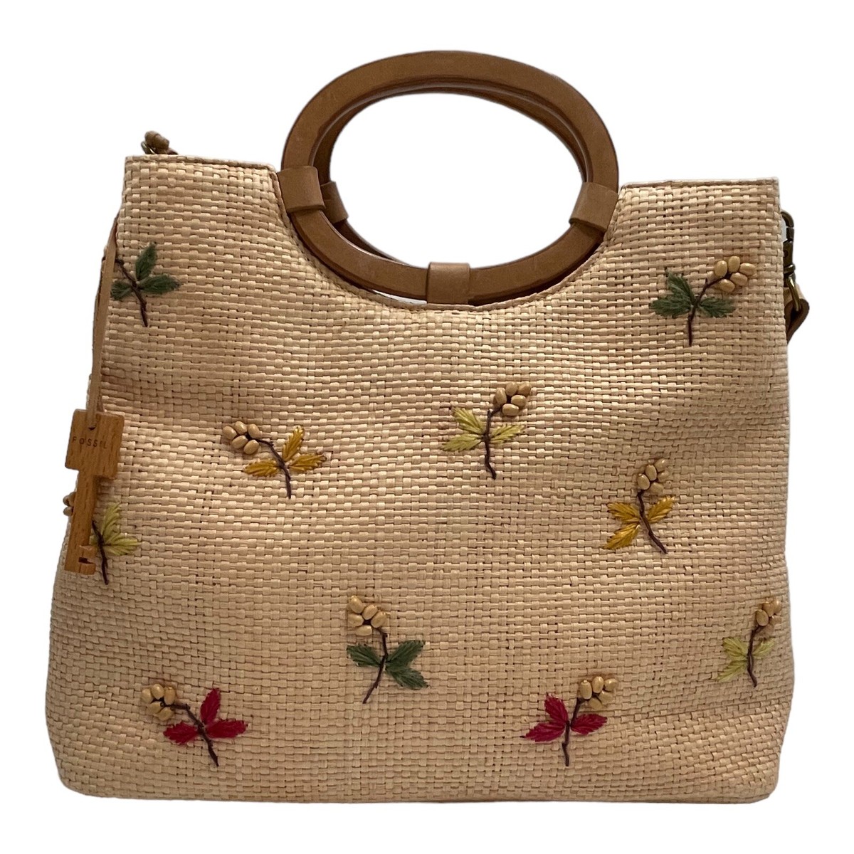 90s Fossil Beaded Floral Woven Straw Handbag Shoulder Purse