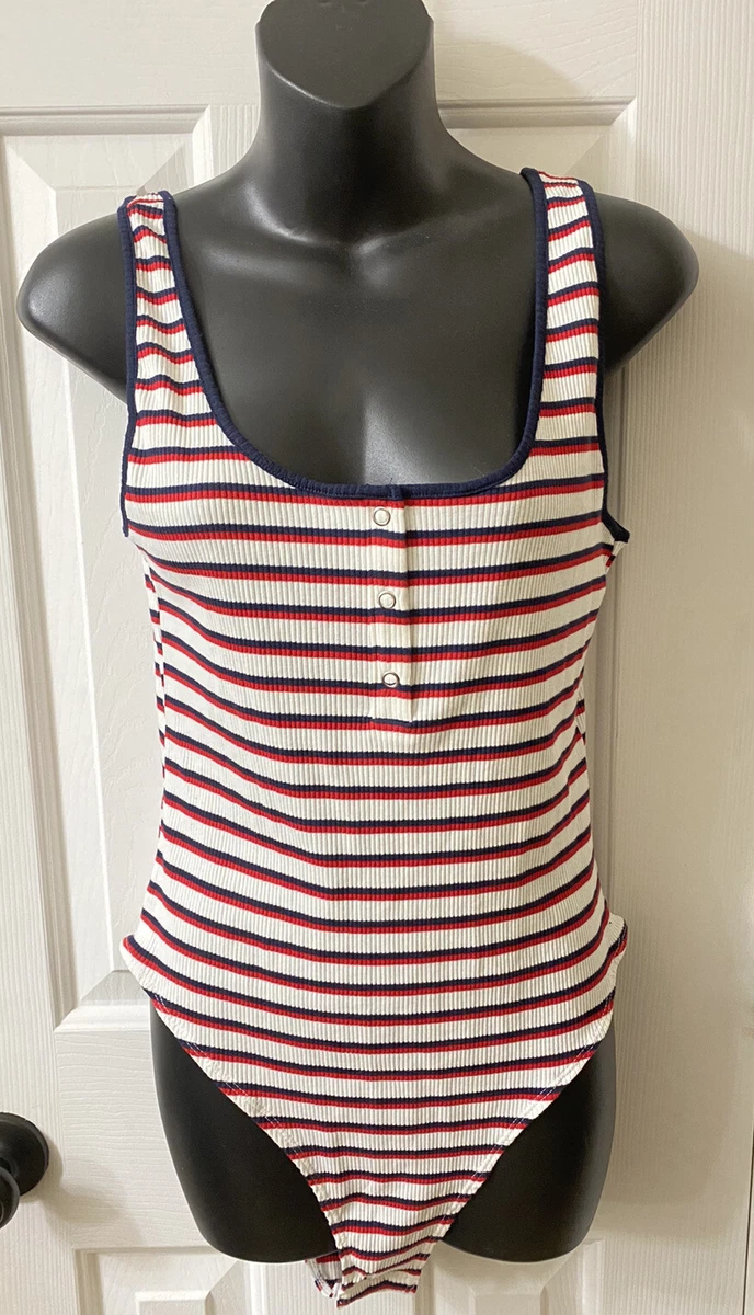 New Red White Blue Striped Bodysuit H M Size Medium 4th of July