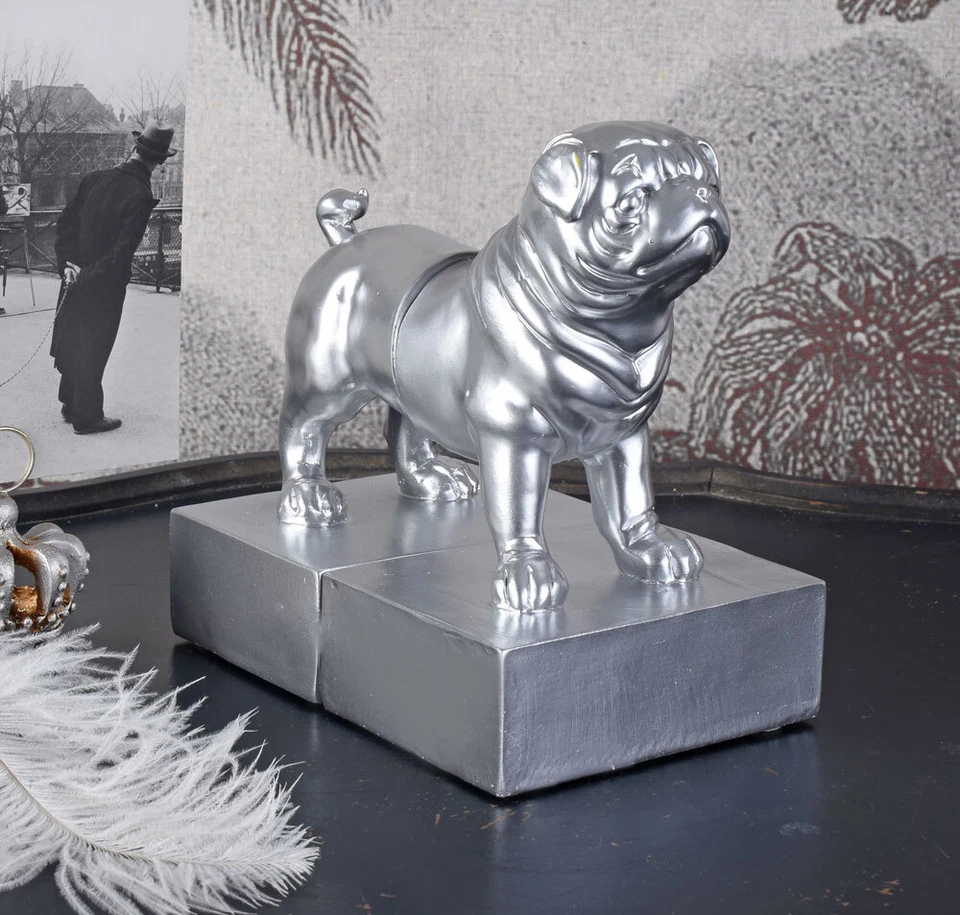 Silber Hundefigur Mops Mopsfigur Buchstützen Buchständer Pug Figur Carlin Hund - Bild 3 von 4