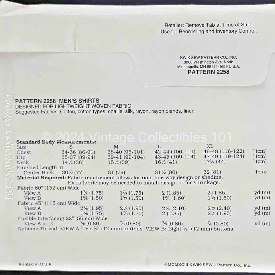 Kwik Sew Pattern 2258 Men's Button Down Long Sleeve Shirt Size S M L XL Uncut FF - Image 4 of 4