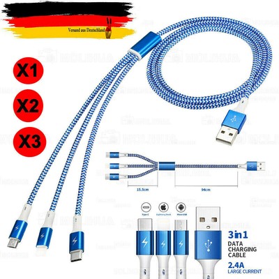 1,2m Multi USB 3in1 Ladekabel Typ-C Micro iPhone Samsung Huawei