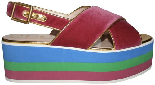 New GUCCI 474534 Pink/Rose Sandals Velour Peggy Platforms Striped Web 38.5 $850 - Picture 2 of 15