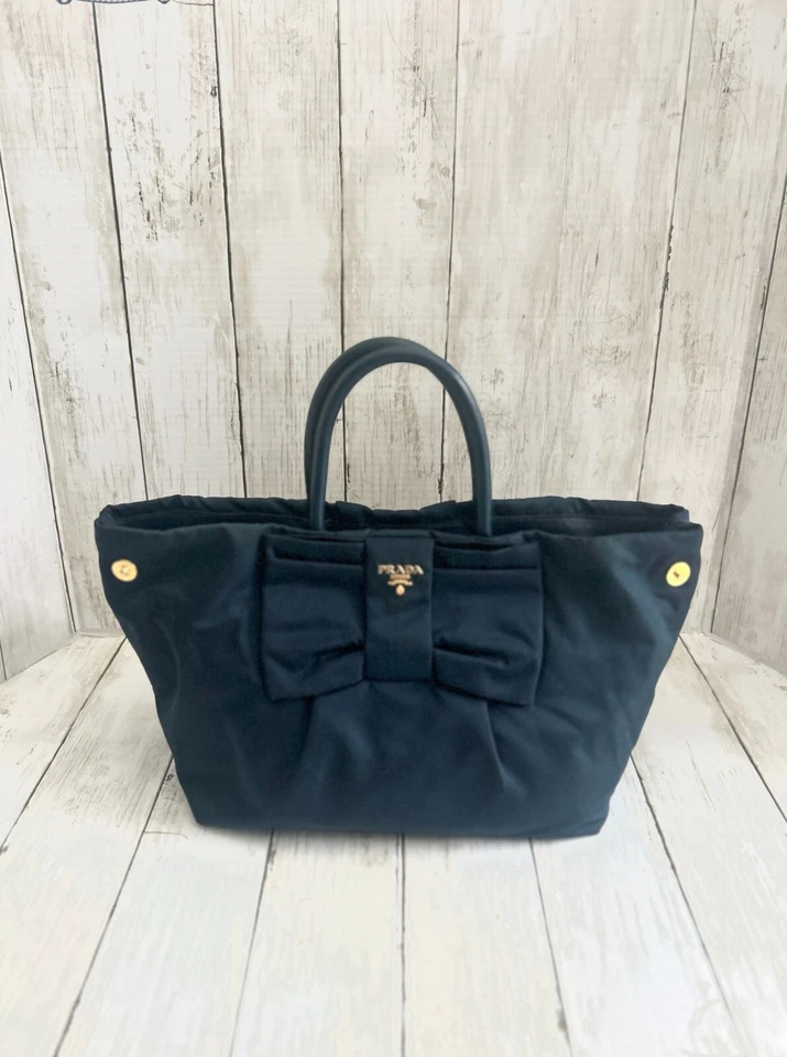 PRADA AZUL TESSUTO NAILON Cuero Borde Arco Expandible TOTE # 165 ¡Auténtico Usado en Excelente Condición! Foto 3 de 4