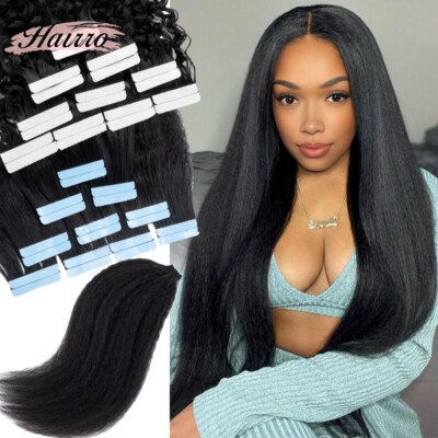 Kinky Straight Tape In Skin Weft 100% Real Remy Human Hair Extensions Thick 60pc