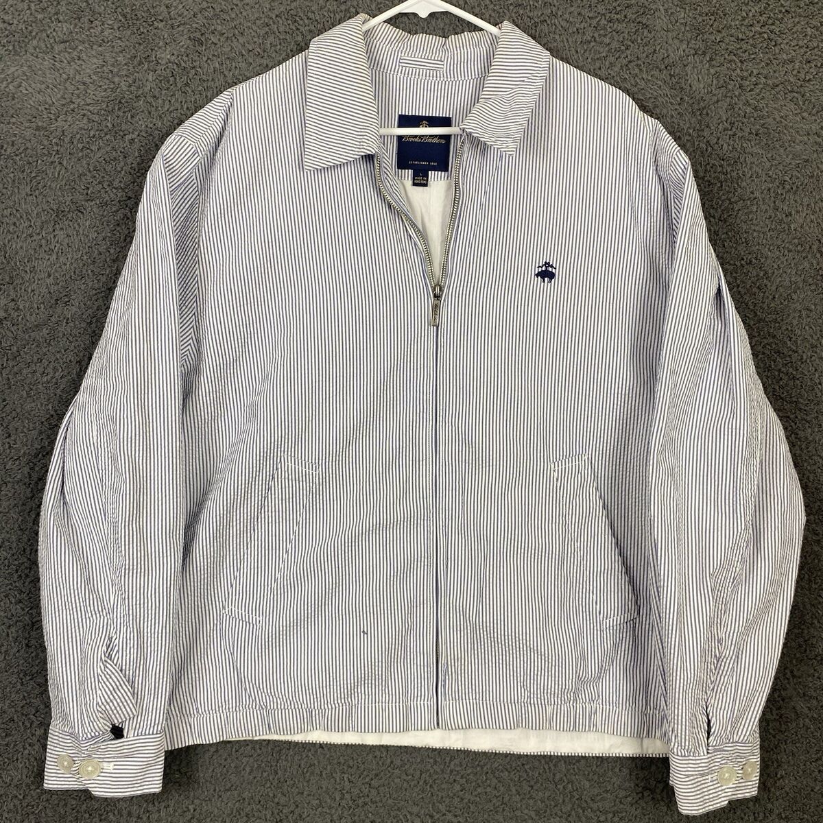 Brooks Brothers White Blue Stripe Seersucker Jacket Bomber Brooks Brothers White Blue Stripe Seersucker Jacket Bomber
