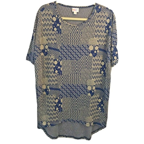 Lularoe "IRMA" Shirt High Low Tunic- BLUE GEOMETRIC PRINT/ KNIT Size XXS