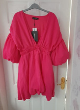 PrettyLittleThing puffball sleeve puffball hem shift dress, hot pink, 12, new