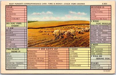 Busy Persons Correspondence Card - Time Is Money - Check Items Desired Postcard