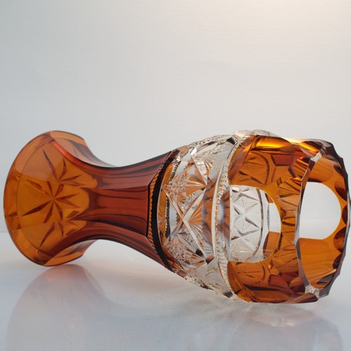 Vaso Cristallo Ambra Boemia Sfaccettato con Fascia Decorata Diamante Taglio Trasparente - Foto 17 di 20