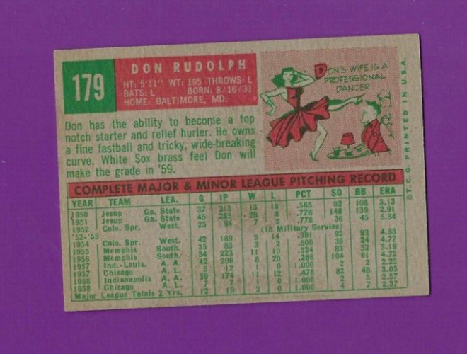 1959 Topps baseball card #179 Don Rudolph Chicago White Sox EXMT O/C | eBay