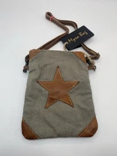 Myra Bag Leather Star Upcycled Canvas and Genuine Leather Crossbody Bag 8” x 6”