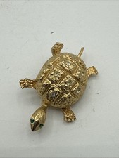 Gold Turtle Brooch/Pin With Green Eyes And Clear Stones On Shell Vintage READ 