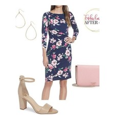 Eliza J Navy Blue Floral Ruched Sheath Dress 3/4 Sleeve EJ9M1585 Womens 6