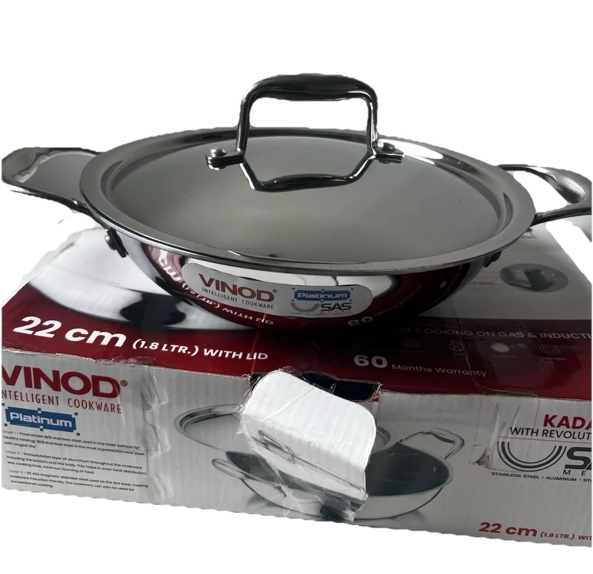 Vinod Platinum Triply Stainless Steel Kadai 22cm 1.8L Wok Pan with Lid - NEW