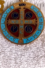 Vintage St. Benedict Medal Blue Red Enamel Gold Tone 2"