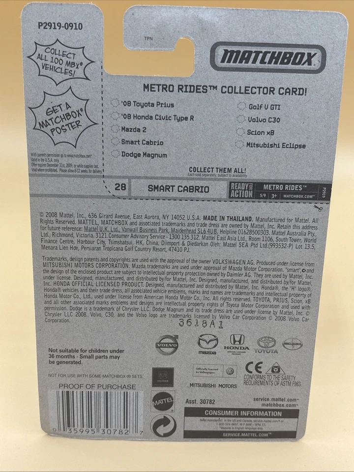 2009 Matchbox #28 Smart Cabrio GREEN METALLIC Metro Rides P2919 - Image 4 of 4