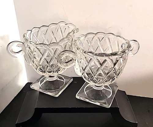 Vintage Indiana Glass Pretzel Pattern Footed Open Sugar Bowl & Creamer Set