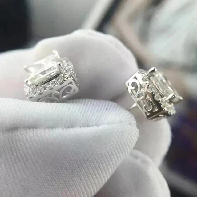 2Ct Lab Created Princess Cut Screw Back Halo Stud Earrings 14K White Gold Plated - Image 2 of 4