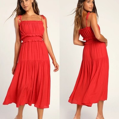 Lulus Strolling Santorini Red Tiered Smocked Tie-Strap Midi Dress SMALL Orig $82