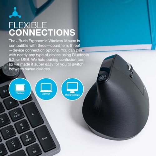 JLab JBuds 2.4G Wireless, Bluetooth Vertical Ergonomic Optical Mouse, Black - Picture 4 of 7